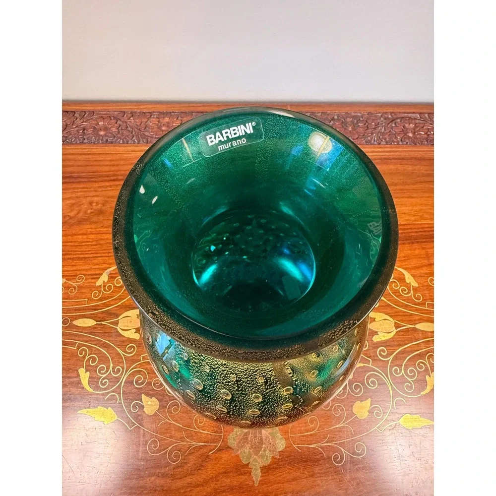 Signed Barbini Murano Art Glass Vase Emerald Green Gold Aventurine Bullicante 7